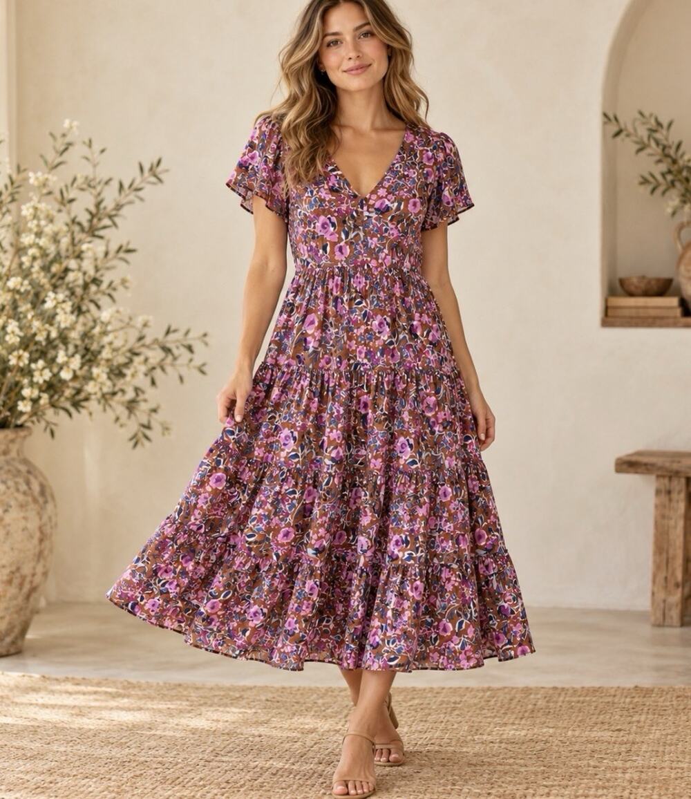 J. Crew Floral Tiered Midi Dress 6 Brown Pink EcoVero Viscose Flutter Slv SP 24
